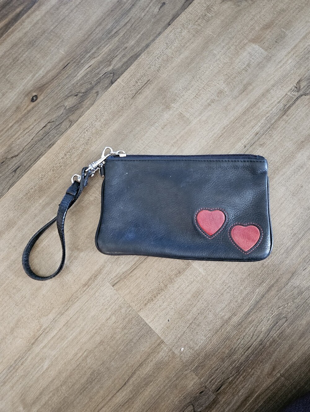 Wilson Black Leather Wristlet Clutch with Red Heart Accents